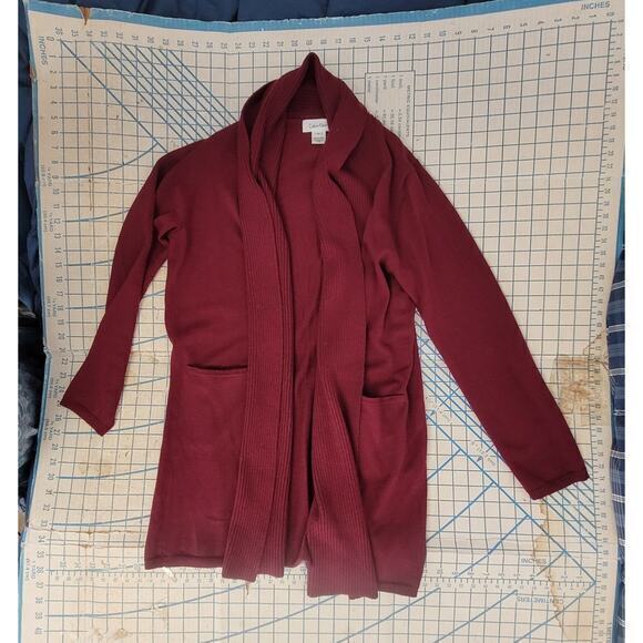 Calvin Klein Red‎ Burgundy Shawl Collar Open Cardigan Bohemian Jacket Sweater - Picture 5 of 11